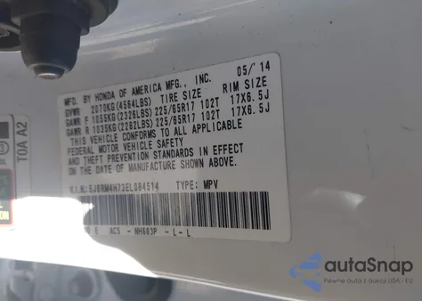 2014 Honda Cr-V Ex-L z USA, uszkodzony, nr VIN 5J6RM4H73EL084514